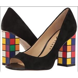 Katy Perry "Catie" Rubik's Cube Heeled Open Toe Pumps Size 6 Black Suede
